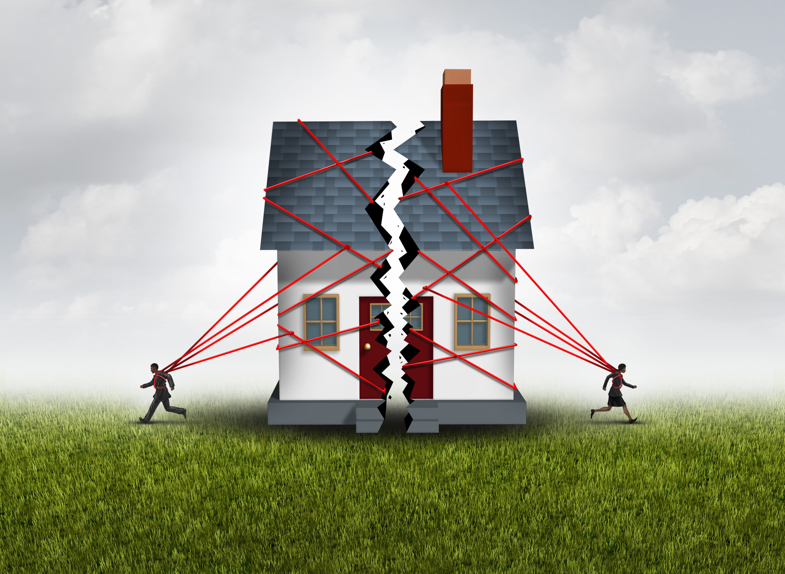 Illustration of a house being split in half, pulled in opposite directions by a person on each side