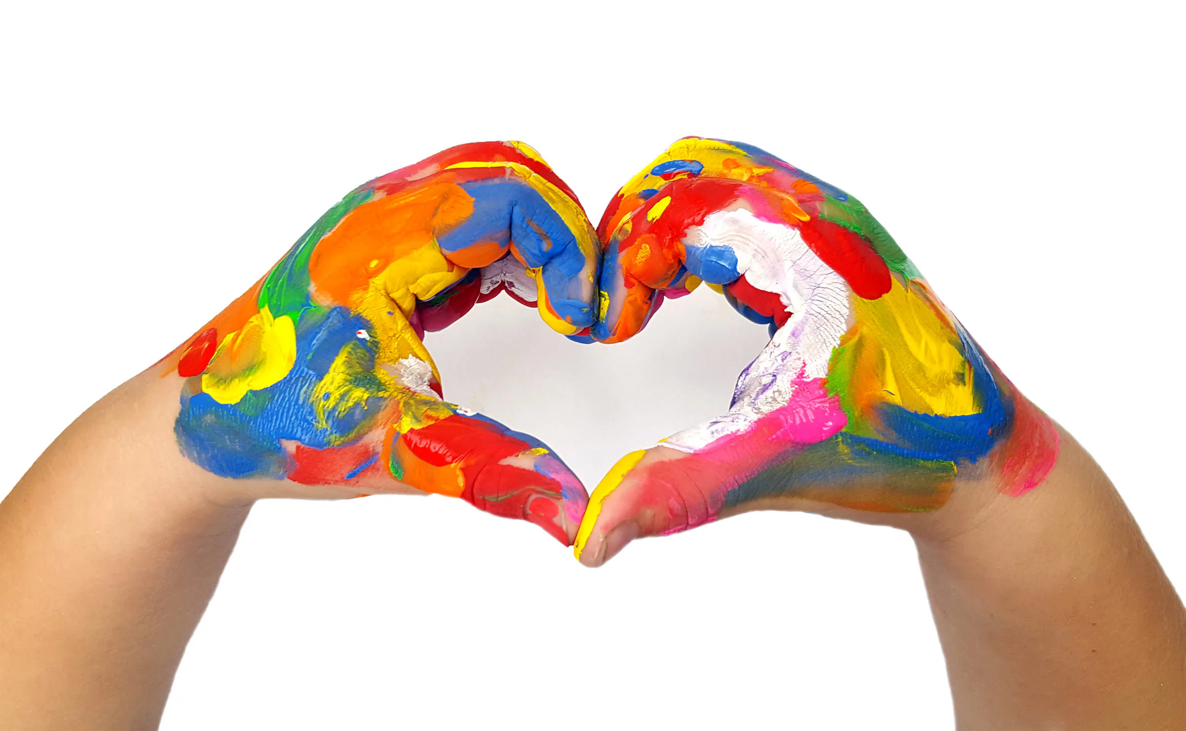 Child's hands held in a heart shape, painted in a mix of colours